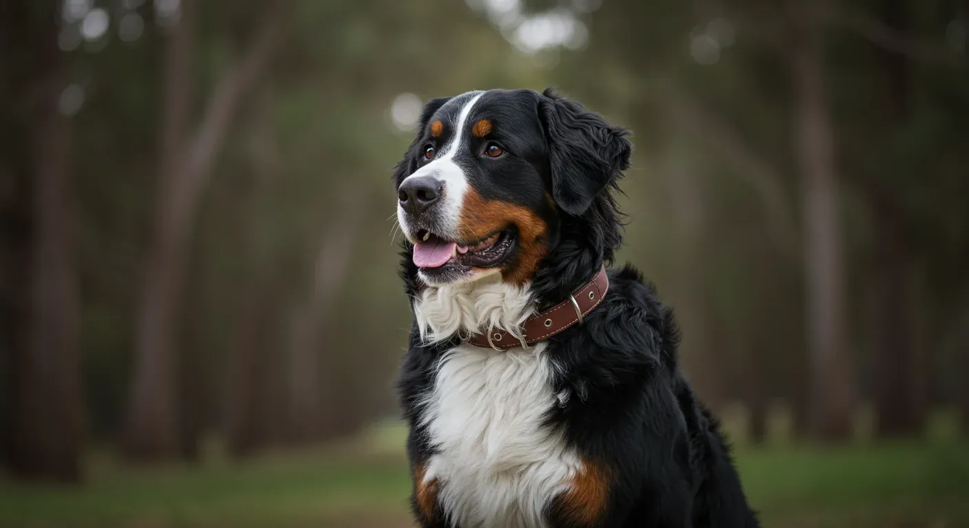 Adult Bernese Mountain Dog wearing a wide leather collar, demonstrating proper collar fit for the breed's large neck size and thick coat